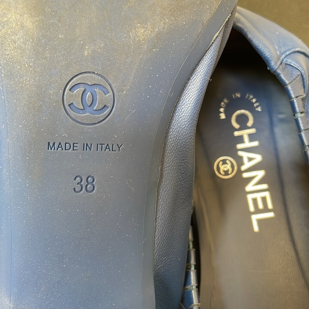 Chanel Classic Captoe Stretch Scrunch Ballerina Ballet Flats Blue Size 38 - Picture 9 of 10